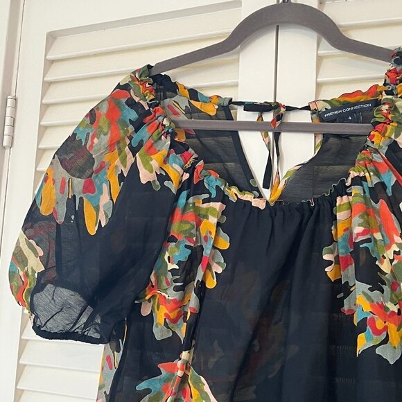 French Connection peplum blouse sheer 4 silk cotton floral black - Picture 3 of 9